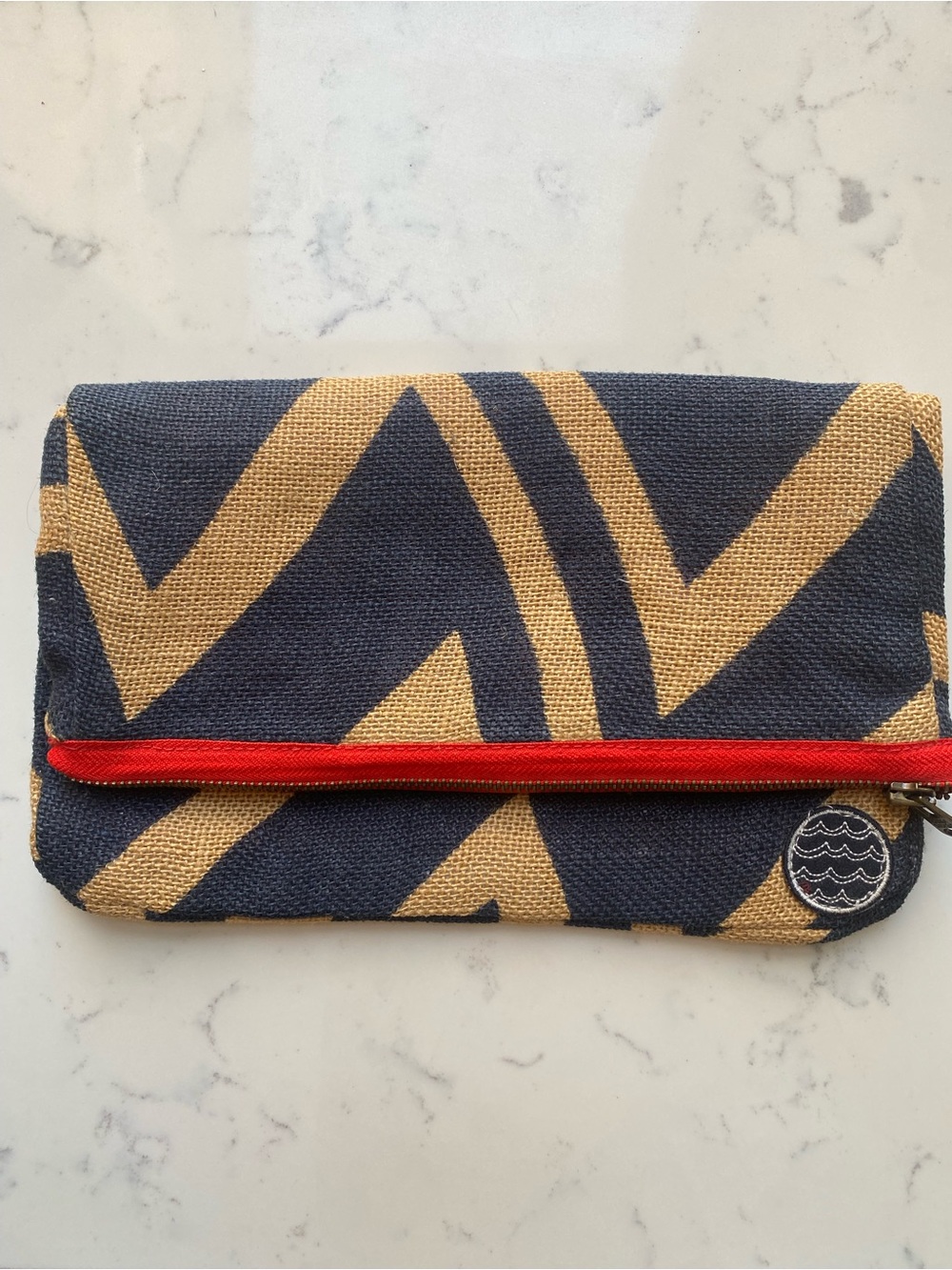 Quiksilver Jute Clutch Navy Patterned with Brass Zipper and Red accents